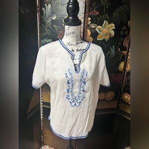 White and Blue Embroidered Top